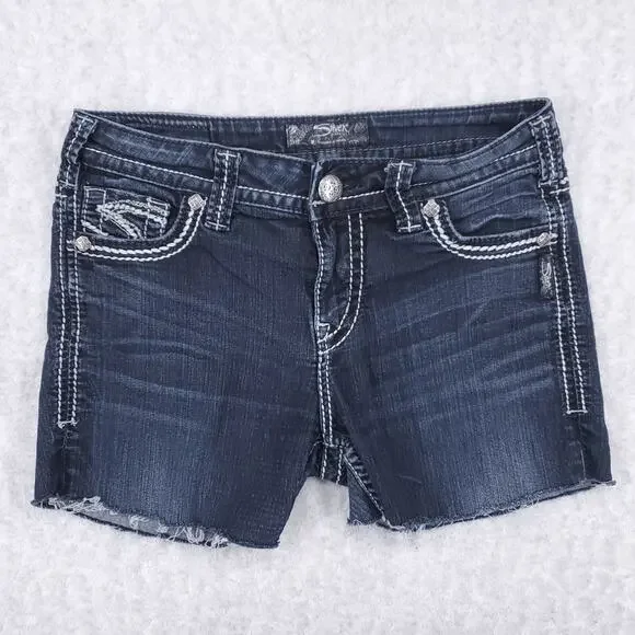 Silver Suki DIY Cut-off Shorts Women's 29 Raw Hem Stretch Faded Dark Wash Glam - Picture 1 of 7